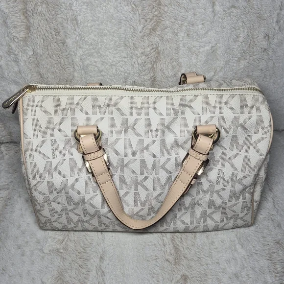 Michael Kors White and Tan Signature Satchel Purse Perfect For Everyday Styling - Picture 11 of 12